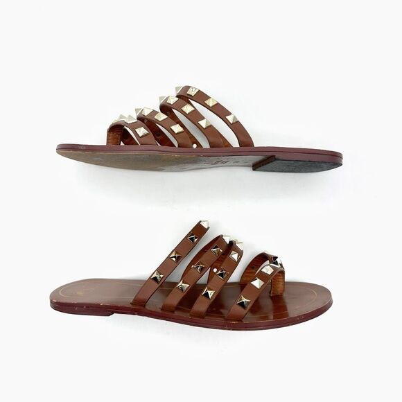 VALENTINO Rockstud Flair Cage Brown Leather Sandal Size 38 Flip Flop Studded - Picture 7 of 12
